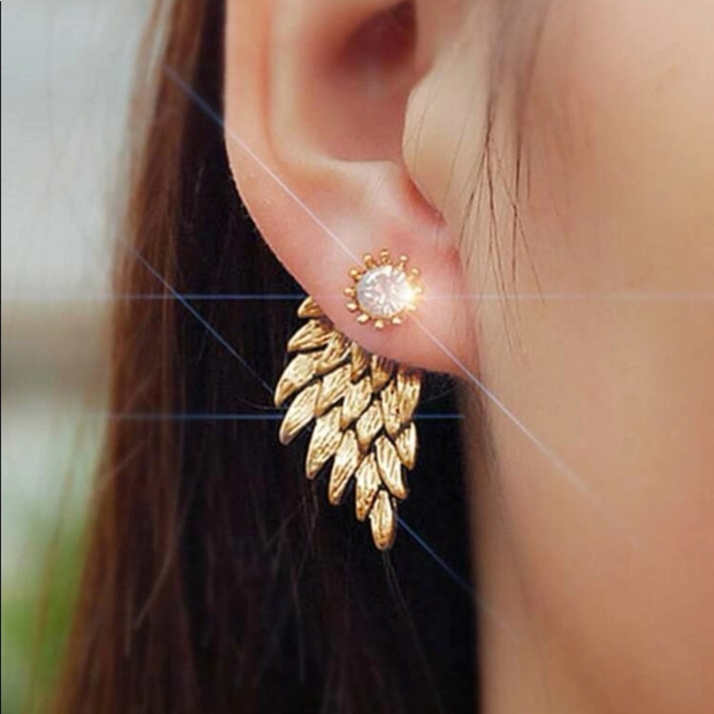 Gold Tone Jeweled Angel Wing Earrings
